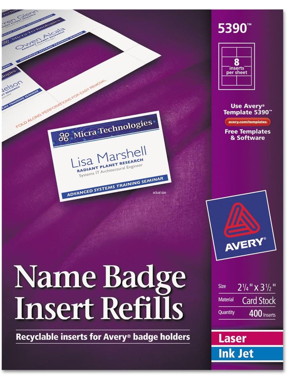 Avery 5390 Insert Badge Refill, Fits 2-1/4-Inch x3-1/2-Inch, 8/Sht, 400 per box